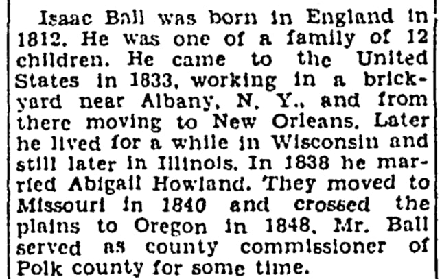 An article about Isaac Ball, Oregon Journal newspaper 26 January 1931
