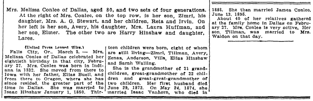 An article about four generations of the same family, Oregon Journal newspaper 3 March 1912