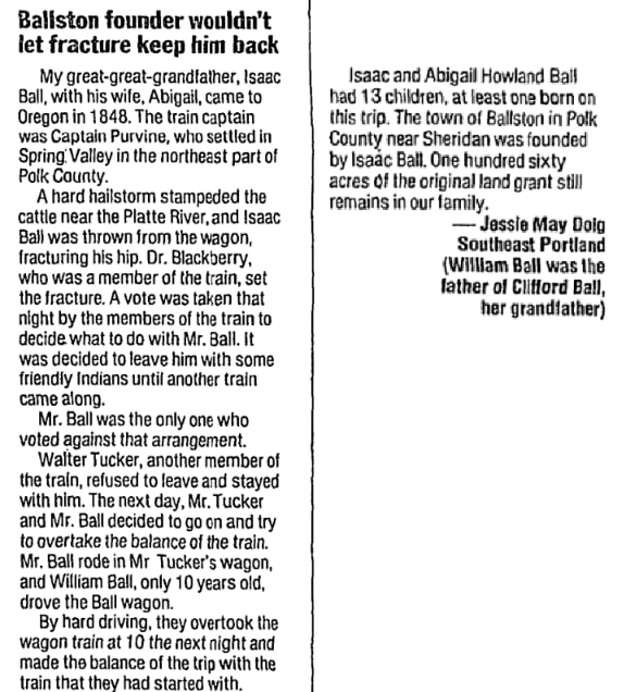 An article about Isaac and Abigail Ball, Oregonian newspaper 14 March 1993