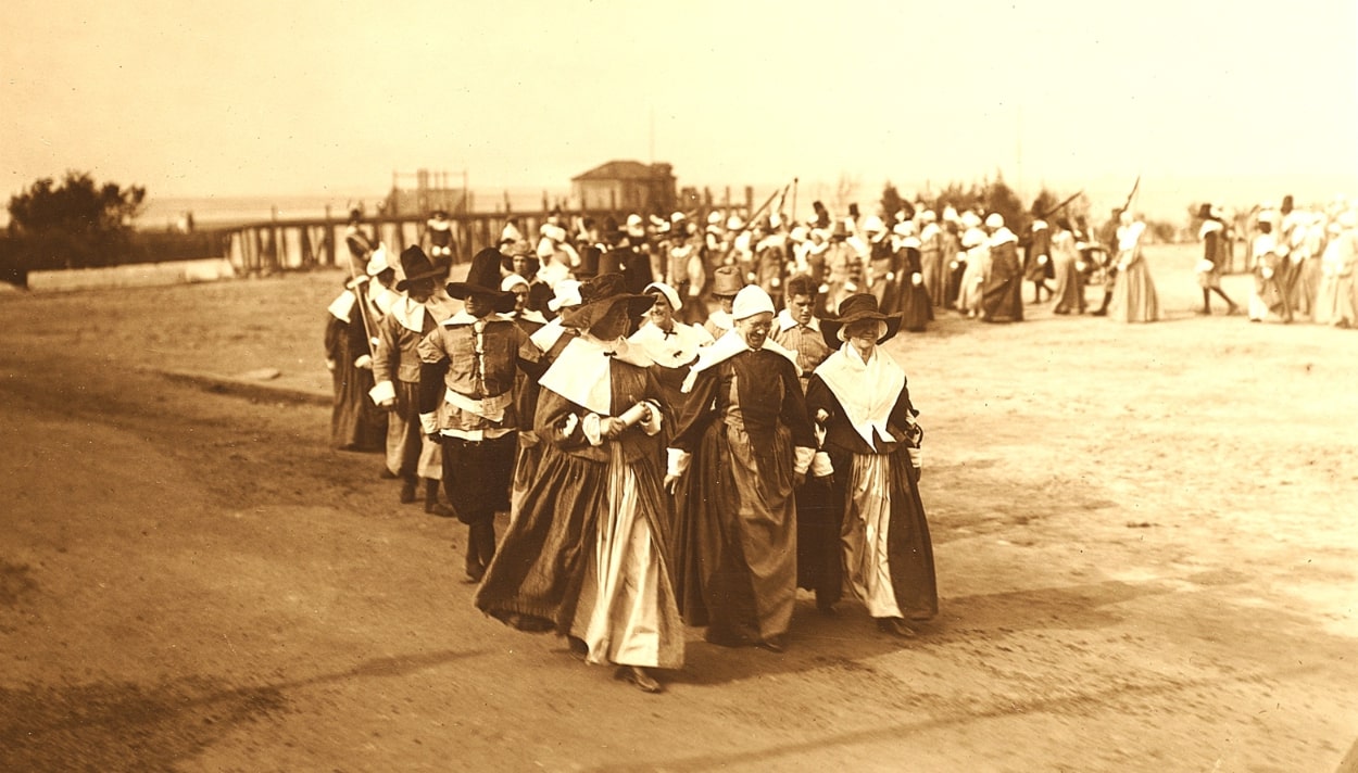 Photo: reenactors at the Plymouth Tercentenary Pageant, “The Pilgrims,” 1921. Credit: Edward P. McLaughlin Collection; Plymouth Public Library.