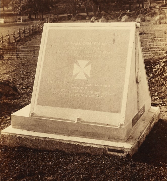 Photo: 32nd Massachusetts Infantry Monument at Gettysburg Battlefield, Pennsylvania. Credit: Herbert William Singleton Collection of Civil War Photographs, Huntington Digital Library, San Marino, California.