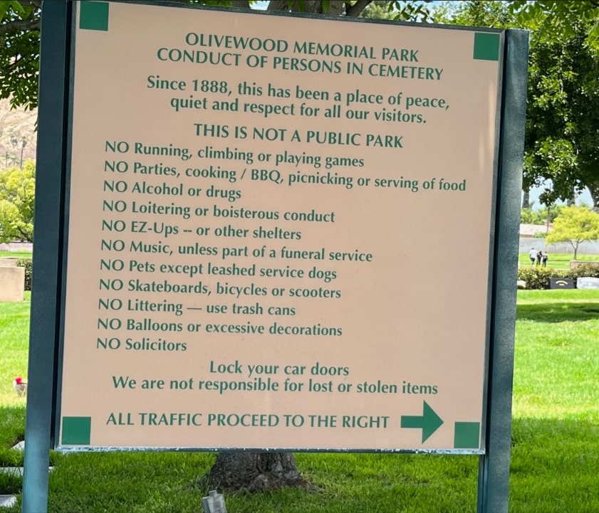 Photo: Olivewood Memorial Park sign, Riverside, California. Credit: Gena Philibert-Ortega.