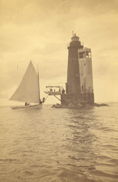 Photo: Bishop and Clerks Lighthouse Station, located about two miles south of Point Gammon, Nantucket Sound. Established in 1858, it was discontinued in 1928 and torn down in 1952. Credit: National Archives.