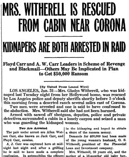 An article about the kidnapping of Gladys Witherell, Riverside Daily Press newspaper 31 January 1921