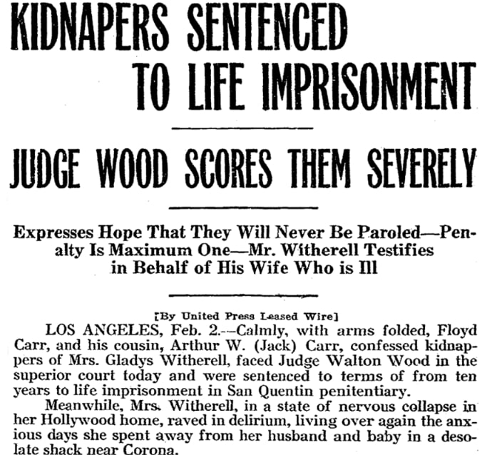 An article about the kidnapping of Gladys Witherell, Riverside Daily Press newspaper 2 February 1921