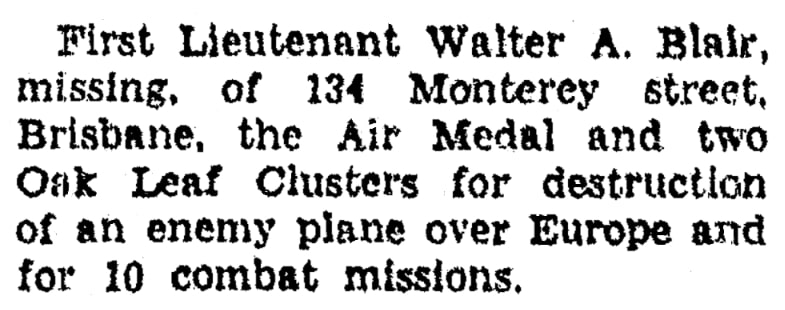 An article about Walter Blair, San Francisco Chronicle newspaper 31 January 1944