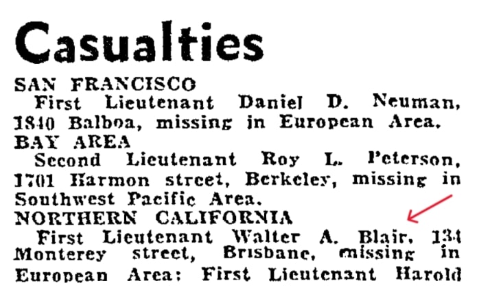 An article about Walter Blair, San Francisco Chronicle newspaper 30 October 1943